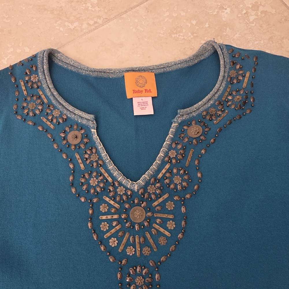 RUBY ROAD Teal Embellished Women's knit Top